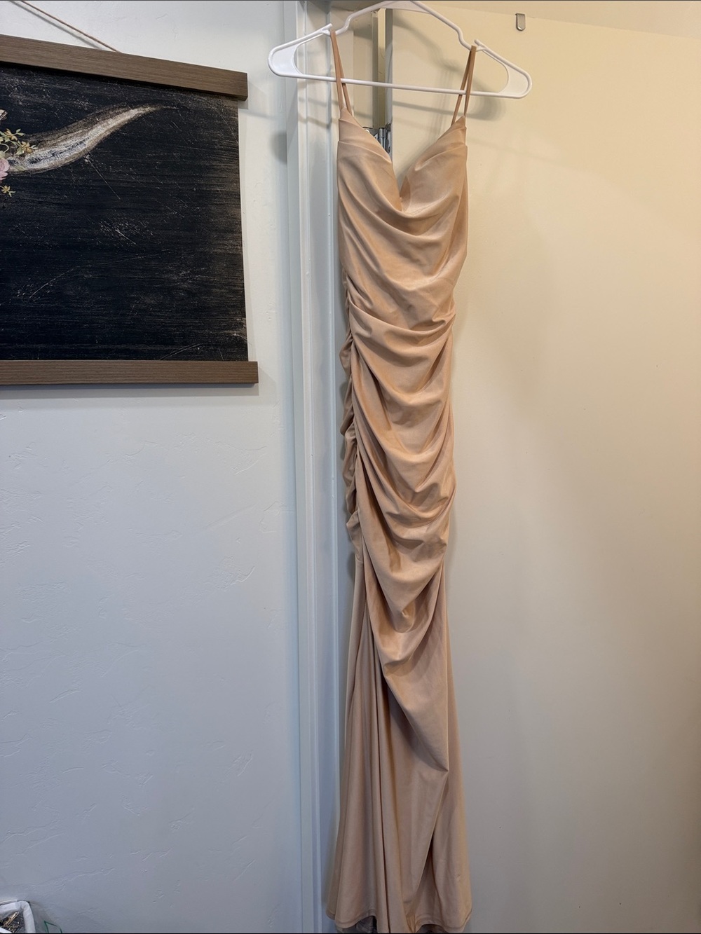 Windsor Blush Nude Cowl Ruched Maxi Dress